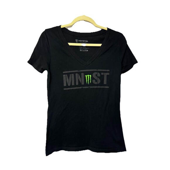 Monster Energy Drink Merch MONST Black V-Neck Womens Top 100% Cotton Large - Picture 1 of 4